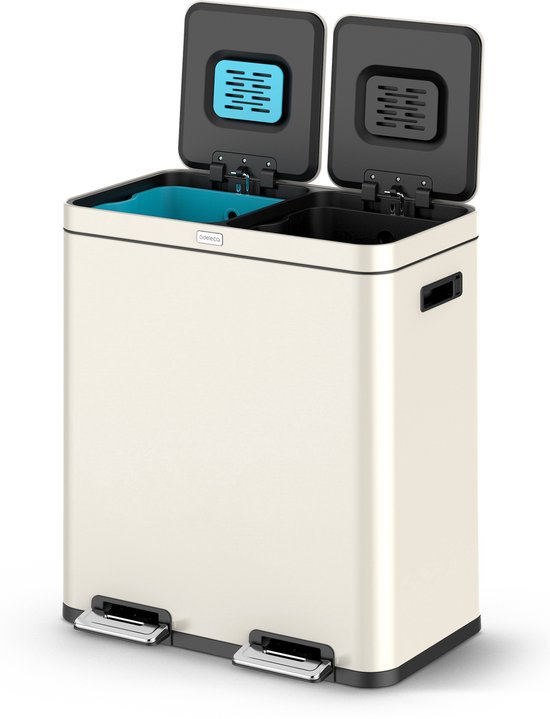 Prullenbak Deleca à 2 compartiments - 60 litres (2x30) - Tri des déchets - Avec contrôle des odeurs FreshAura - Duo fermeture lente - Acier inoxydable Wit crème