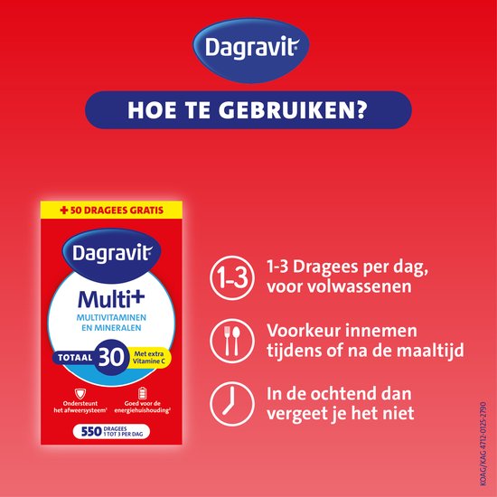 Een rode verpakking van 30 multivitaminen en mineralen met instructies voor gebruik.