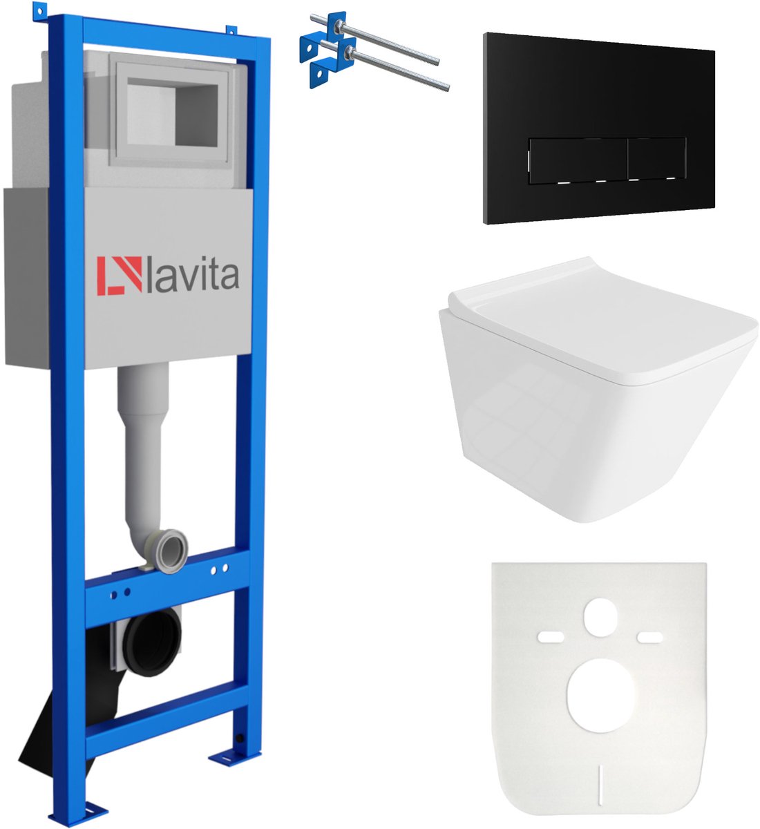 LAVITA® Inbouwreservoir Complete Toiletset LAV 101 - Inbouw WC Hangtoilet Wandcloset LAGO Wit Hoogglans - Bedieningsplaat 200.3.4 Zwart - Voorwandelement voor toilet 40cm - Installatiesysteem