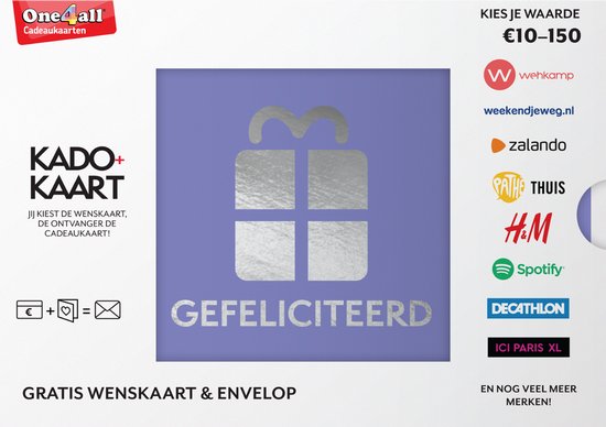 Kado+Kaart Gefeliciteerd met een geschenk, euroteken, hartje en envelop symbool. Merken: Wehkamp, Zalando, Pathé Thuis, H&M, Spotify, Decathlon, ICI Paris XL.