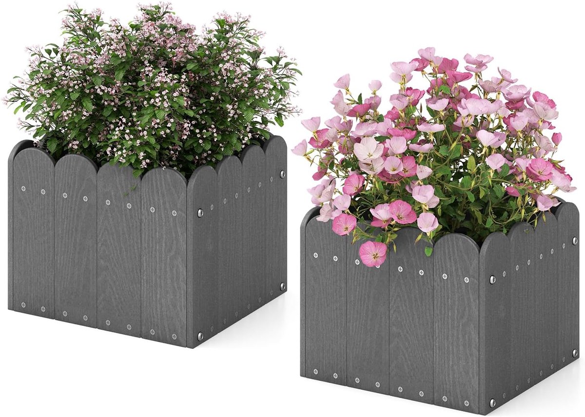 COSTWAY Plantenbak, 2 stuks, weerbestendig, HDPE, tuinbloembak rechthoekig, bloembed met afvoergaten, verhoogd bloembed, plantenbed, plantenbak, bloembak (32 x 30 x 25 cm, grijs)