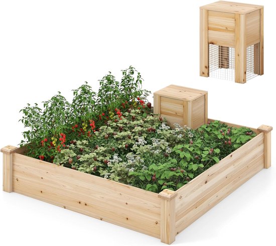 COSTWAY Verhoogd bloembed, groot, tuinbed met compostbak, vierkante ...
