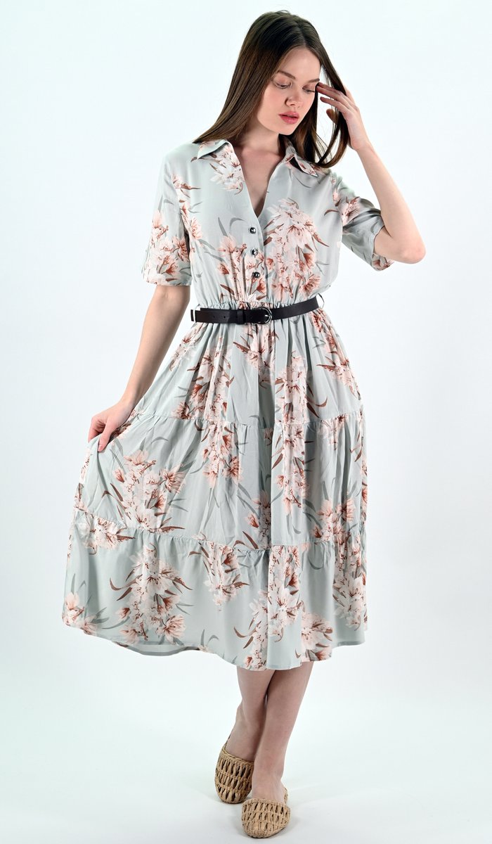 YesMooi - Midi Blousejurk met Bloemenprint en Ceintuur - L (40) - Grijsblauw