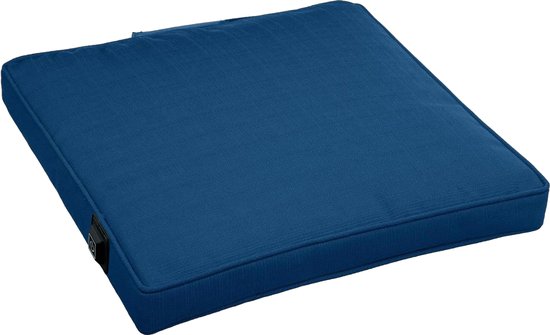 Warmpi® Verwarmd Outdoor Zitkussen – Incl. 10.000mAh Powerbank – Waterafstotend & UV-bestendig – 3 standen – 5cm Comfort Foam – 40x40x5 cm – Blauw – Donkerblauw Draadloos Warmtekussen / Tuinkussen voor Binnen & Buiten