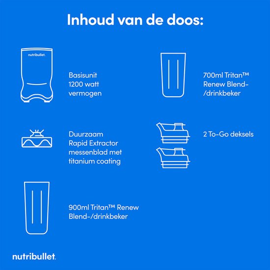 Inhoud van de Nutribullet doos: basisunit, mes, 700ml en 900ml blendbekers en 2 deksels.