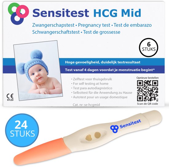 Sensitest Zwangerschapstest Midstream – 24 stuks – 25 mIU/ml – Test vanaf 4 dagen vóór menstruatie – Uitslag binnen 5–10 min – Inclusief handleiding & zwangerschapskalender