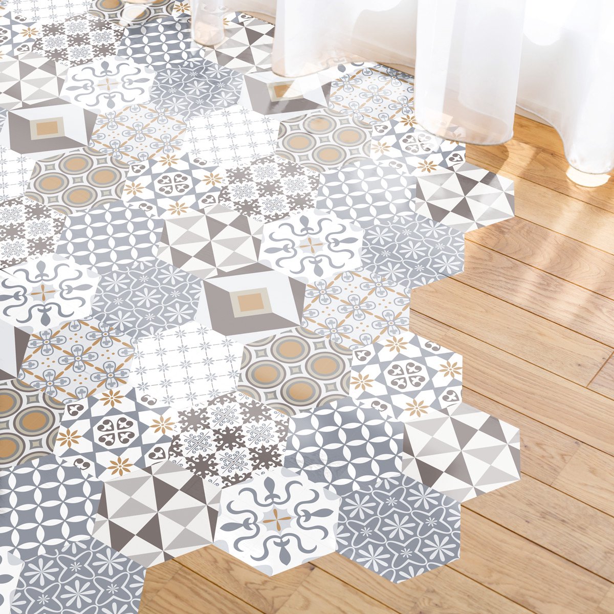 Antislip vloerstickers met beschermlaag - JULIANA vloertegels - 40x90cm - 10 zeshoekige stickers 20x18cm