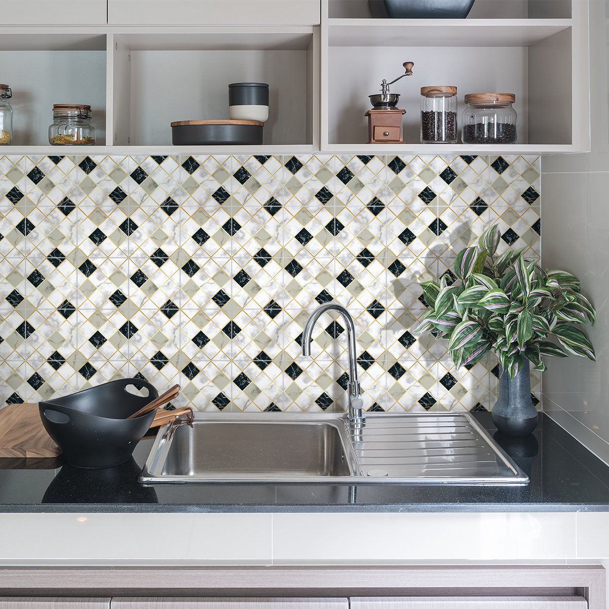 Ambiance Sticker Zelfklevende tegelmuurstickers voor keuken en badkamer - 24 witte, beige en zwarte tegelstickers met marmerlook - 24 stickers, 15x15cm Multi color