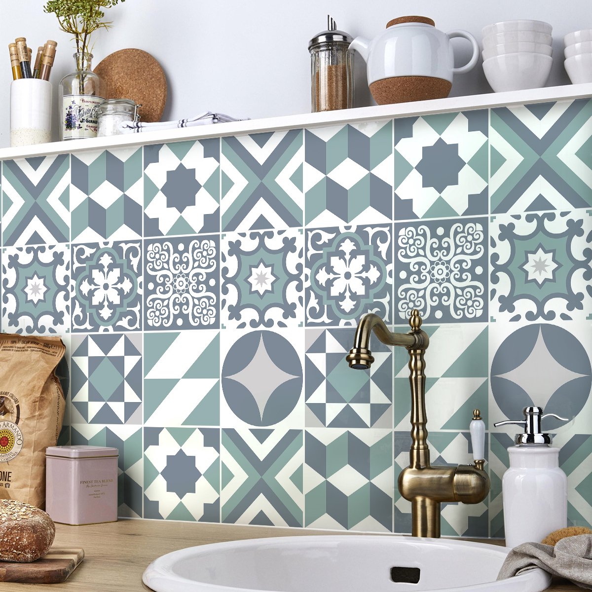 Ambiance Sticker Zelfklevende tegelmuurstickers voor keuken en badkamer - 9 cementtegelstickers (Azulejos Aluzzo) - 9 stickers, 40x40cm Multi color