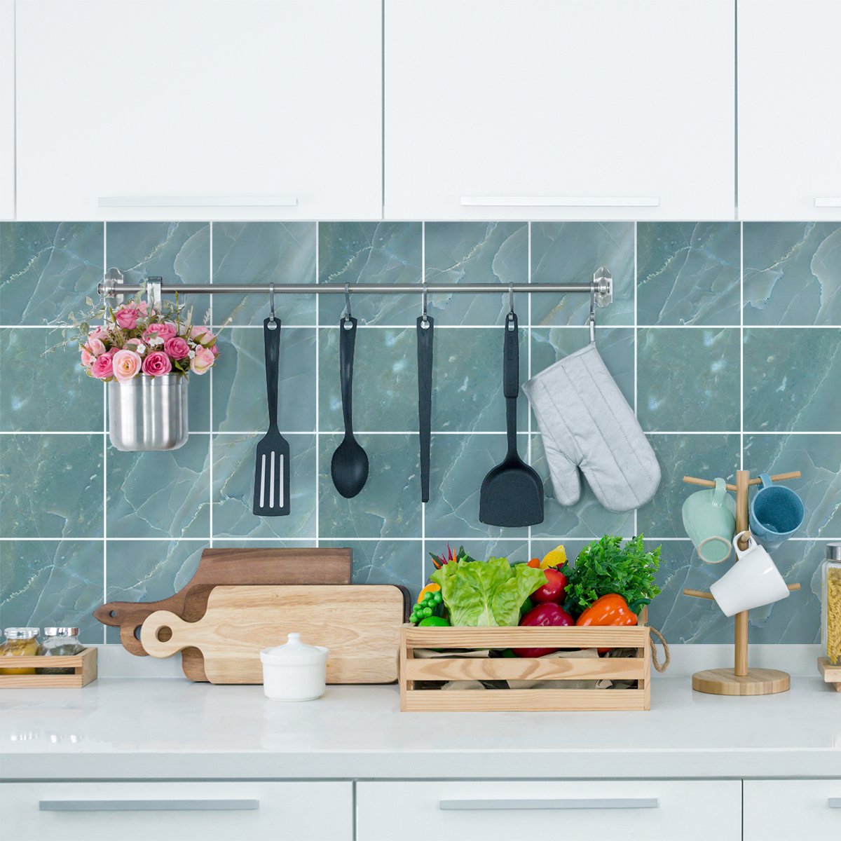 Ambiance Sticker Zelfklevende tegelmuurstickers voor keuken en badkamer - 9 blauwe marmeren cementtegelstickers van ENTRADA - 9 stickers van 15x15 cm Multi color