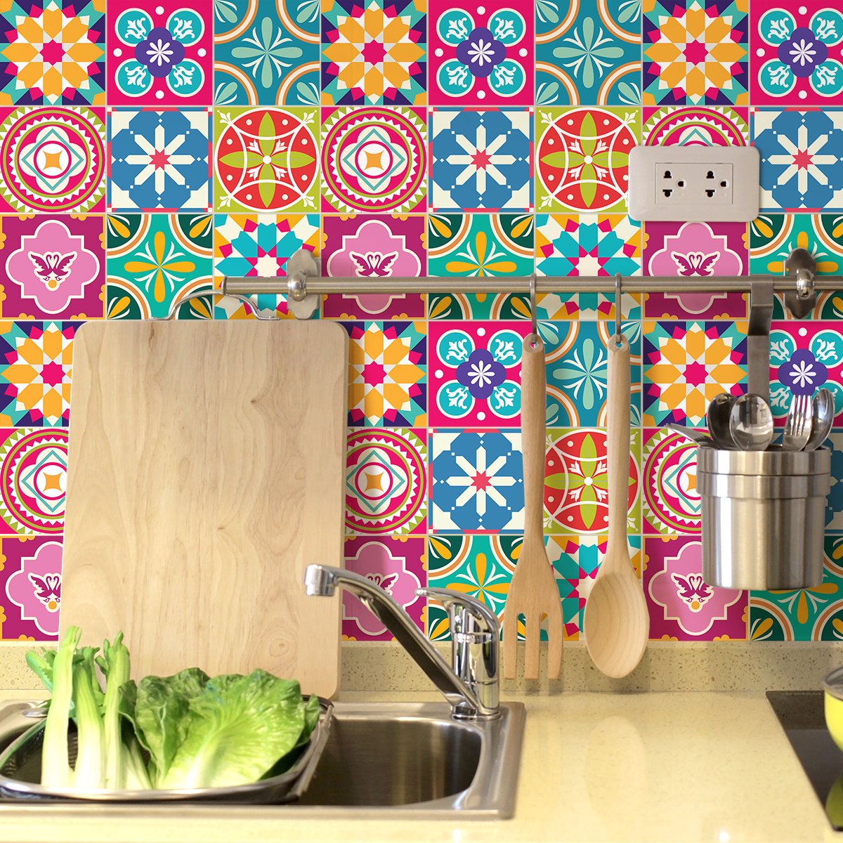Ambiance Sticker Muurstickers voor keuken en badkamer - 9 Amber Azulejos cementtegelstickers - 9 stickers 10x10cm Multi color