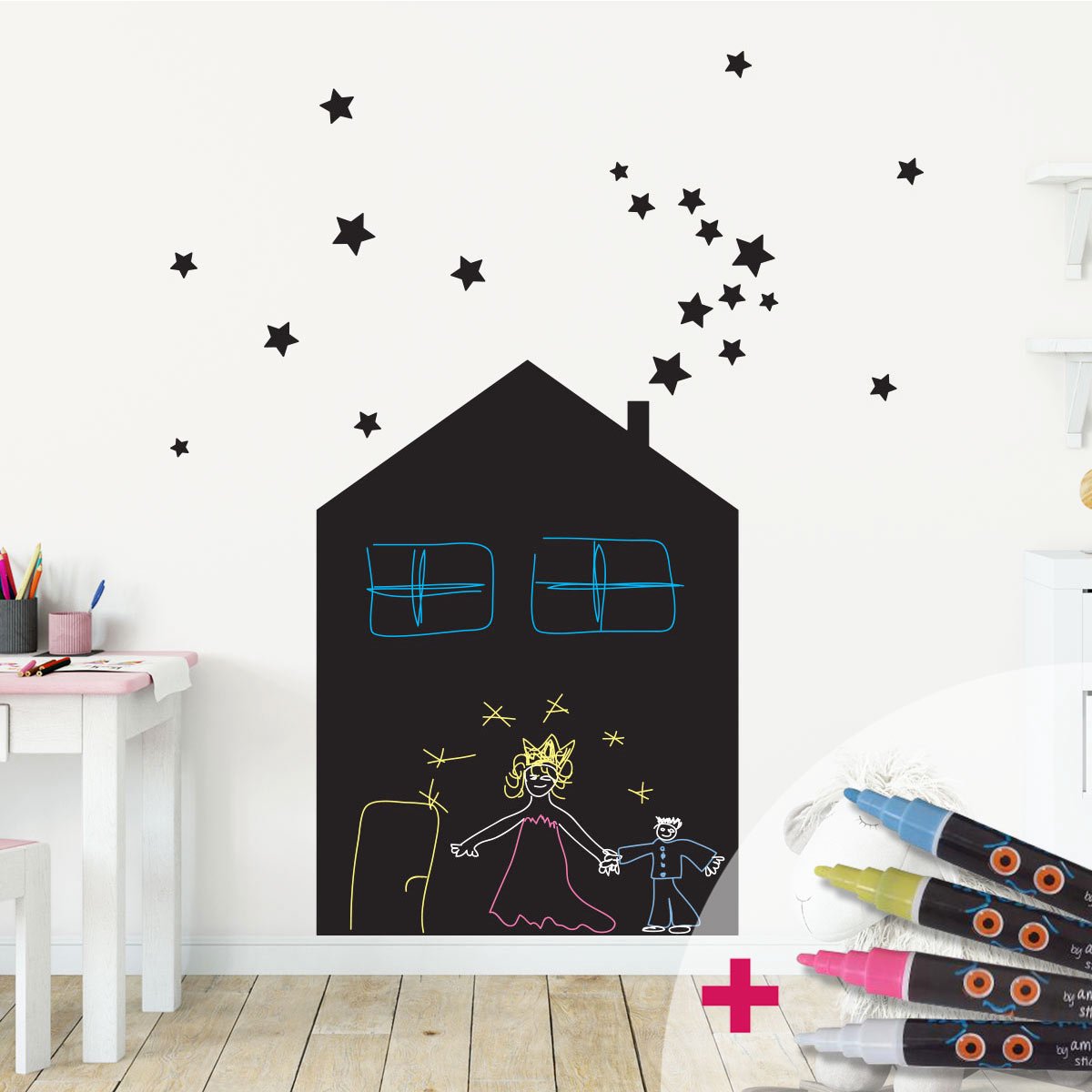 Ambiance Sticker Schoolbordsticker - uitwisbare zelfklevende muurstickers - HUIS EN 20 STERREN + 4 VLOEIBARE KRIJTJES - 115x85cm Multi color