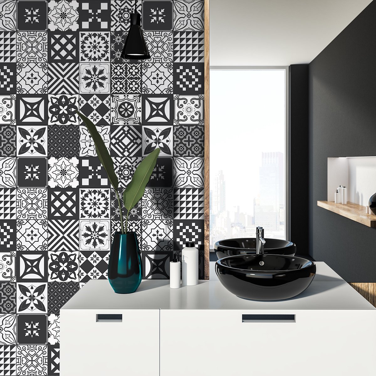 Ambiance Sticker Zelfklevende tegelmuurstickers voor keuken en badkamer - 9 cementtegelstickers, Azulejos Nolwenia - 9 stickers, 15x15cm Multi color
