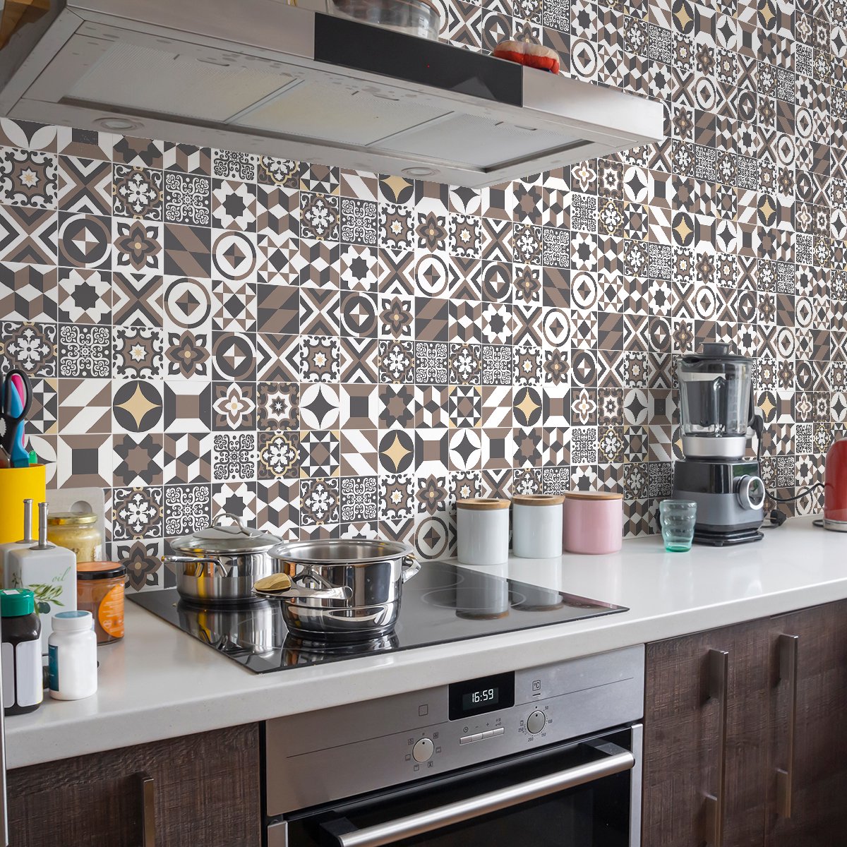 Ambiance Sticker Zelfklevende tegelmuurstickers voor keuken en badkamer - 60 Azulejos Tavaco cementtegelstickers - 60 stickers 10x10cm Multi color