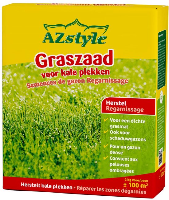 AZstyle Graszaad Herstel - Snelkiemend Gazon Gras – Herstelt kale plekken – Vogelwerende Coating – Geschikt voor Zon- en Schaduw Gazons - Snelle Kieming – 80 tot 120M² – 2 KG