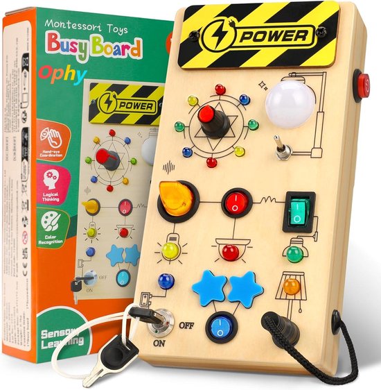 Ophy Busy Board Montessori – Jouet En Bois à Interrupteurs Et LED Pour Motricité Fine, Cadeau éducatif Dès 1 An