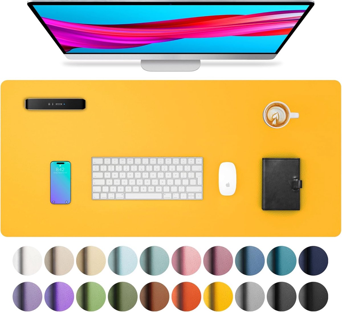 StayPowered PU-Lederen Bureau Mat - Stijlvolle Bescherming voor Je Werkplek - 80x40 cm - Waterdicht - Antislip Achterkant - Ruimte voor Laptop & Muis - Eenvoudig Schoon te Maken - Duurzaam & Slijtvast - Geel - Levering Sneller dan Aangegeven!