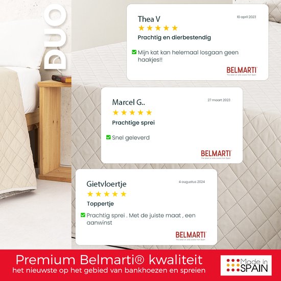 Close-up van een doorgestikte sprei op een bed, met klantrecensies.