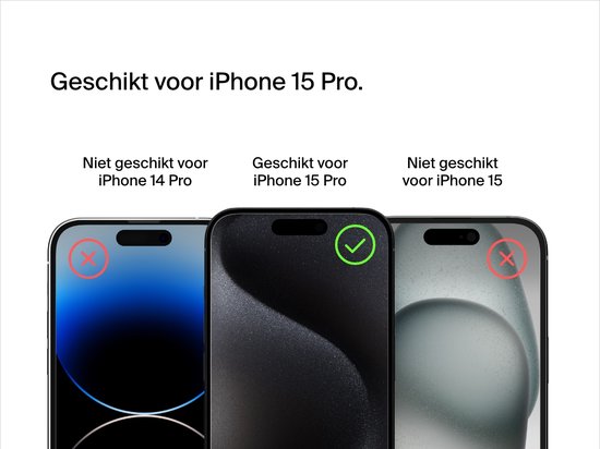 Drie iPhones. De middelste iPhone 15 Pro is geschikt, de andere twee (14 Pro en 15) zijn niet geschikt.