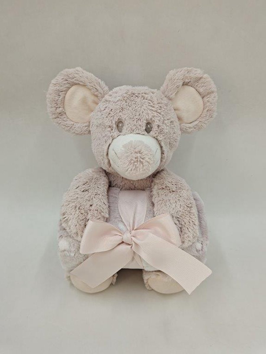 La Galleria - Babygeschenkset knuffel Muis (30cm) met opgerold dekentje (100x80)
