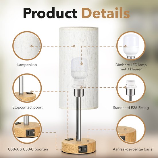 Nachtlamp / Bedlamp met Oplaadpoorten - Dimbaar - Voor Slaapkamer / Woonkamer - Met Kap - Sfeerverlichting - Tafellamp van Merkloos — afbeelding 4