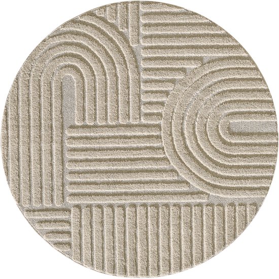 Tapis Hangar Japandi ART - Tapis Rond Boho - Scandinave - Poils Ras Uni - Beige - 200 CM ROND