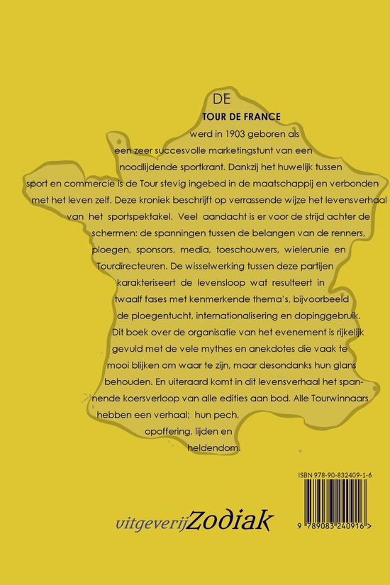 Boekomslag met gele achtergrond en tekst over de Tour de France. In het midden de titel 'DE TOUR DE FRANCE'.