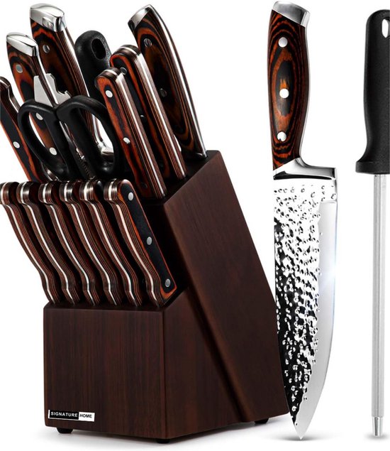 Coffret de couteaux Signature Home 15 pièces avec bloc à couteaux - Couteaux japonais avec aiguiseur de couteaux et ciseaux - Couteau de chef professionnel - Couteau de chef en acier inoxydable - Marron