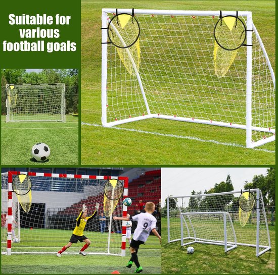 Verschillende voetbaldoelen met gele trainingsnetten. Een jongen trapt een bal, een keeper staat op doel.