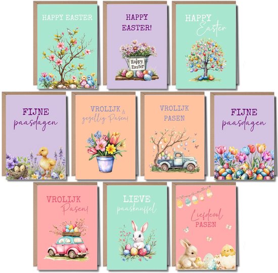 Luxe Paaskaarten Set - 10 Wenskaarten met Enveloppen - Vrolijk Pasen - A6 - Blanco - Paaskaartjes - Pastel