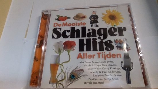 CD hoes met "De Mooiste Schlager Hits Aller Tijden". Afbeeldingen van rozen, een hoed, een zeeman, een zonnebloem en een pauwenveer.