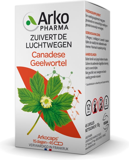 Doosje Arkocaps Canadese Geelwortel met een tekening van de plant. Bevat 45 capsules.