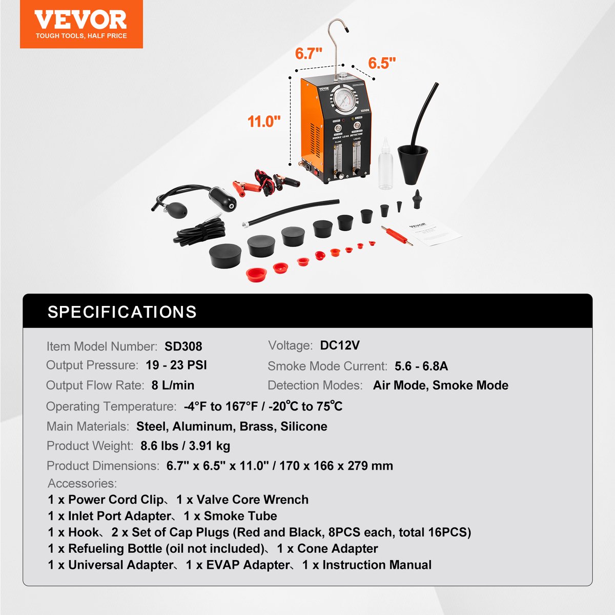VEVOR lekdetector met rookgenerator voor voertuigen, 12V EVAP vacuümdiagnoseapparaat met geïntegreerde luchtpomp, drukmeter, debietmeter, oliepeilindicator, 2 standen voor auto's, motoren, vrachtwagens, boten en ATV's. thumbnail 3