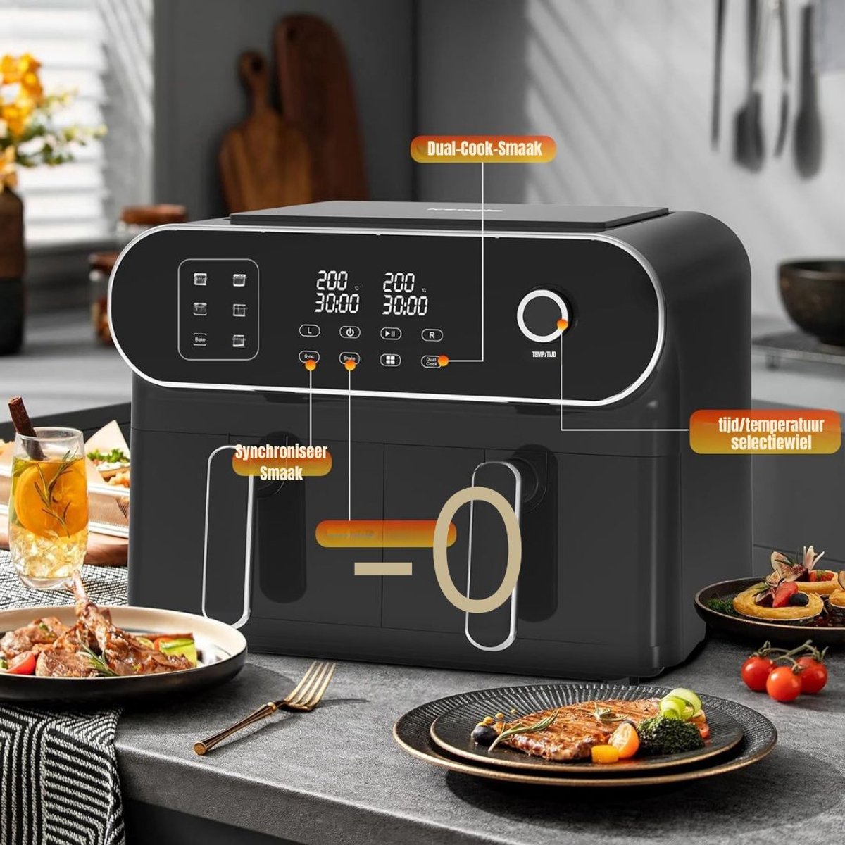 Afbeelding 3 van Zylo® Dubbele Airfryer - Heteluchtfriteuse - Duo Airfryer - 11 L - 38x28x31cm - Zwart