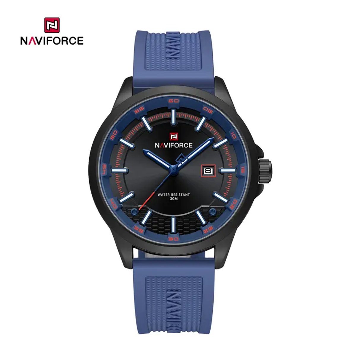 NAVIFORCE horloge voor mannen, met blauwe TPU polsband, zwarte uurwerkkast, blauwe wijzerplaat met witte wijzers ( model 9248T BBEBE ), verpakt in mooie geschenkdoos