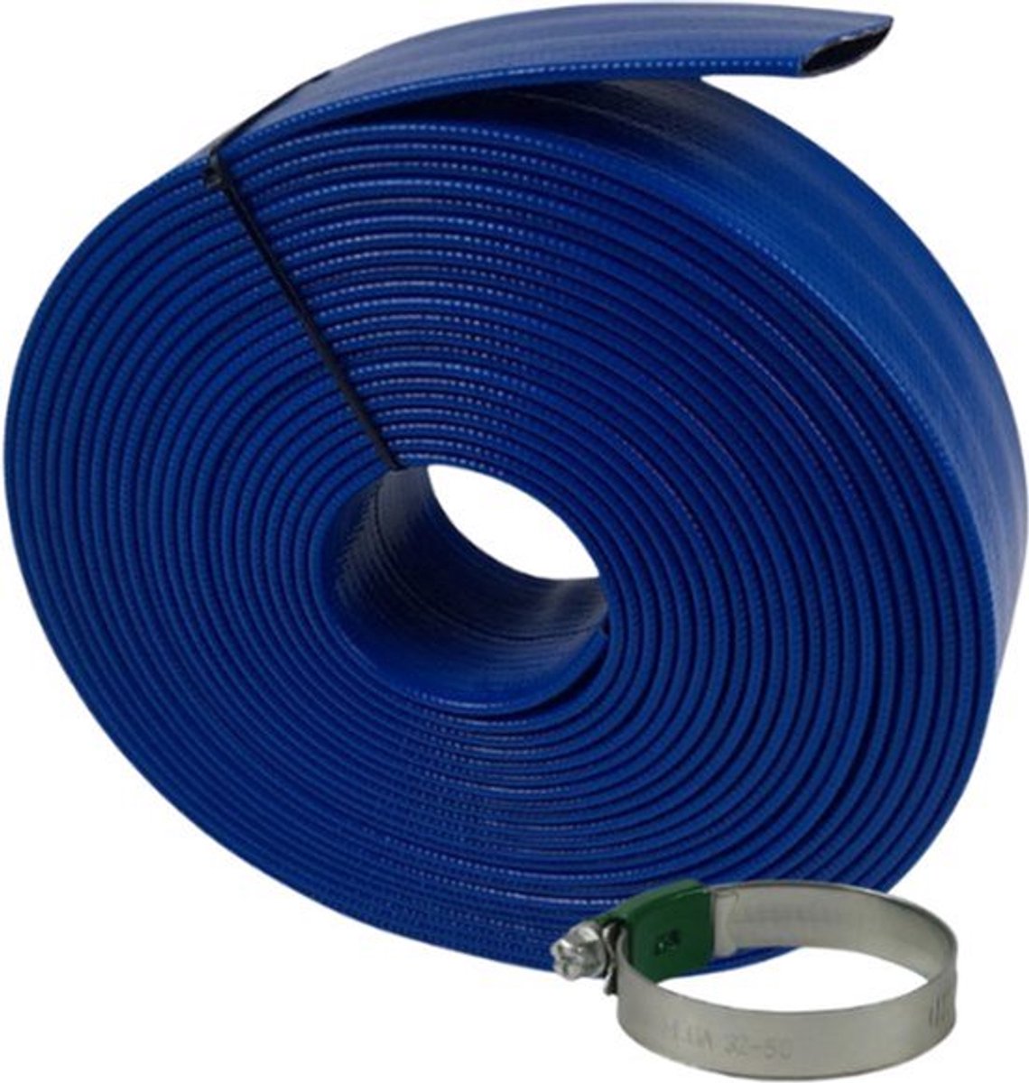 Plat oprolbare slang voor dompelpomp PVC 32 mm 3bar blauw 5 meter + 1 slangklem