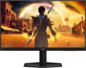 Zwarte AOC gaming monitor, frontaal, met een fantasie-afbeelding van een krijger.