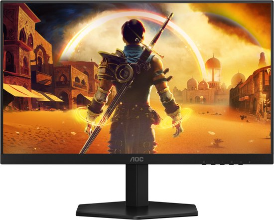Zwarte AOC gaming monitor, frontaal, met een fantasie-afbeelding van een krijger.