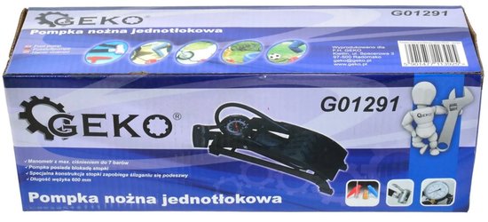 Verpakking van de Geko voetpomp met modelnummer G01291 en specificaties.