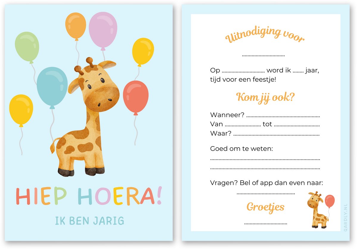 Uitnodiging kinderfeestje giraffe - 10 stuks - Uitnodiging verjaardag - Inclusief enveloppen - Uitnodiging giraffen feestje - Dierenfeestje - Safari