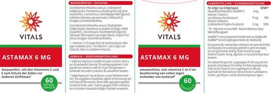 Ingrediënten en gebruik van Vitals Astamax 6 mg softgels met astaxanthine, vitamine C en E ter bescherming van cellen.