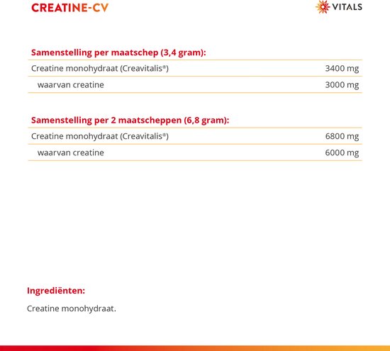 Productinformatie Vitals Creatine-CV met samenstelling en ingrediënten.