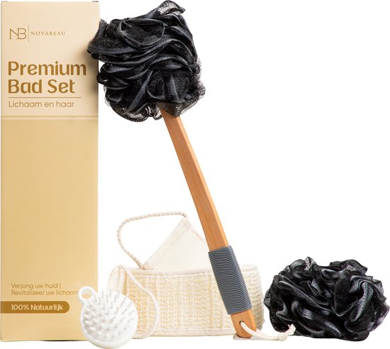 Novabeau Luxe Exfoliërende Badset met Loofah Net - Lichaamsbortel met Badspons - Shampoo Brush - Scrubhandschoen - Houten Lichaamborstel met Loofah Bal van Houtskool - Rug Scrubber - Huidborstel - Doucheborstel - Badborstel - Rugborstel - Kerstcadeau