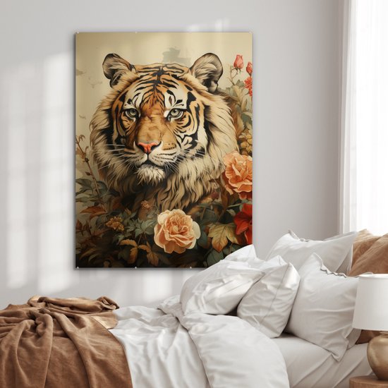 MuchoWow® Glasschilderij 90x120 cm - Schilderij acrylglas - Vintage - Tijger - Bloemen - Dieren - Wit - Foto op glas - Muurdecoratie woonkamer - Wanddecoratie slaapkamer - Schilderijen