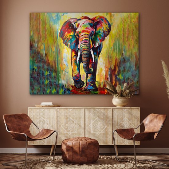 Aluminium schilderij 160x120 cm - Wanddecoratie metaal - Olifant - Kunst - Schilderij - Dieren - Regenboog - Metalen muurdecoratie woonkamer - Decoratie industrieel - Foto op dibond - Industriële accessoires slaapkamer