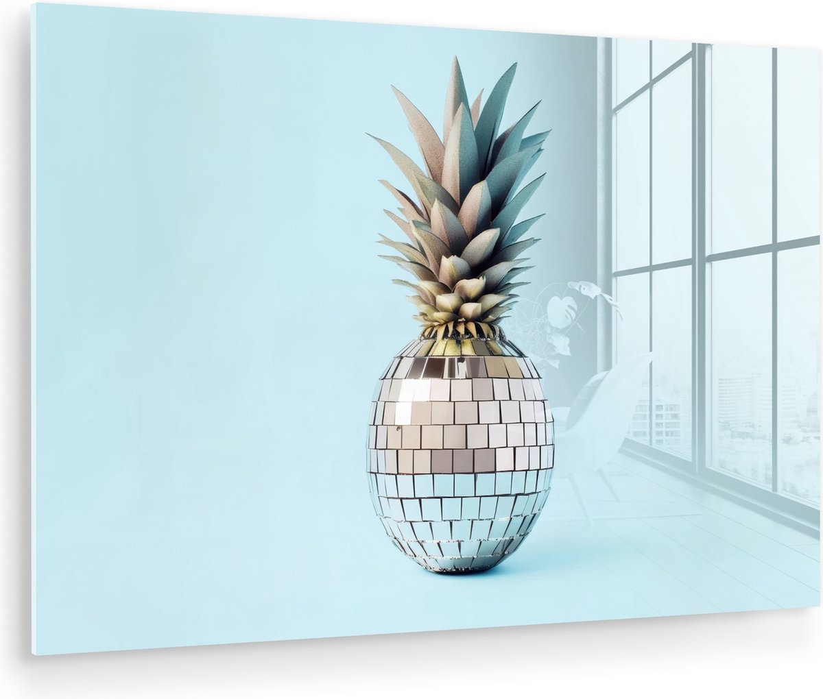 MuchoWow® Glasschilderij 90x60 cm - Schilderij acrylglas - Blauw - Ananas - Disco - Discobal - Foto op glas - Muurdecoratie woonkamer - Wanddecoratie slaapkamer - Schilderijen