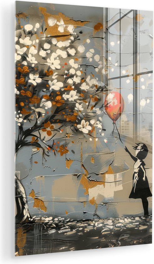 MuchoWow® Glasschilderij 40x60 cm - Schilderij acrylglas - Boom - Graffiti - Banksy Style - Balloon Girl - Foto op glas - Muurdecoratie woonkamer - Wanddecoratie slaapkamer - Schilderijen