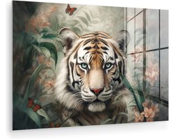Glasschilderij - Tijger - Bloemen - Blinder - Dieren - Natuur - Glasplaat - Foto op glas - Glasschilderijen woonkamer - Schilderij op glas - 120x80 cm - Muurdecoratie - Wanddecoratie - Slaapkamer - Kamer decoratie