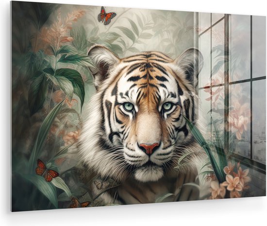 Peinture sur verre - Tigre - Fleurs - Blinder - Animaux - Nature - Plaque de verre - Photo sur verre - Peintures sur verre salon - Peinture sur verre - 120x80 cm - Décoration murale - Décoration murale - Chambre - Décoration de chambre