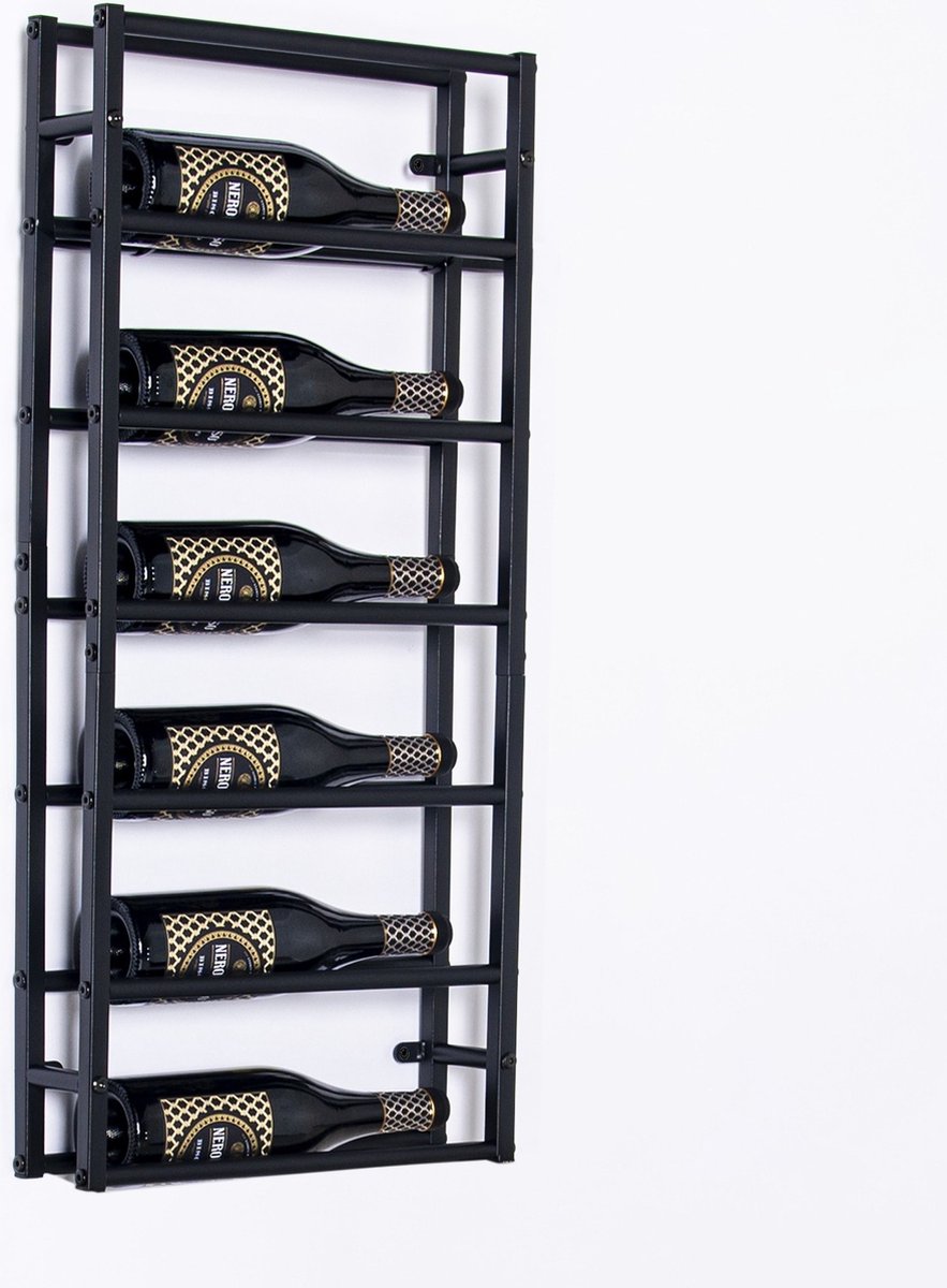 Lendo Online Wijnrek voor aan de muur - 6 flessen - Industrieel - 39x10x84cm (BxDxH) - Wandrek - Flessenrek - Hangend wijnrek - Muurrek - Poedercoat Staal - Zwart — cadeau in Wonen & Interieur - foto 3